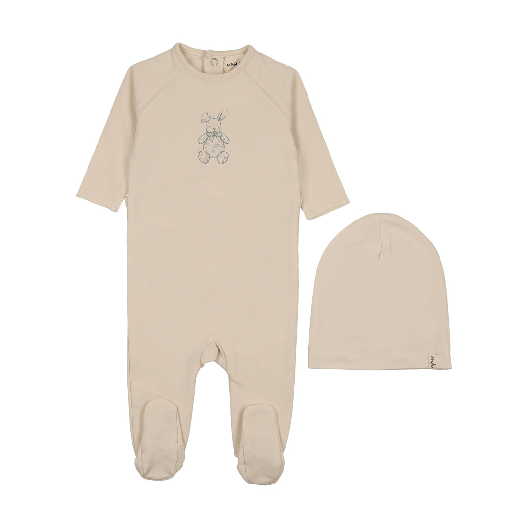 footie vintage bunny with beanie - light beige/blue