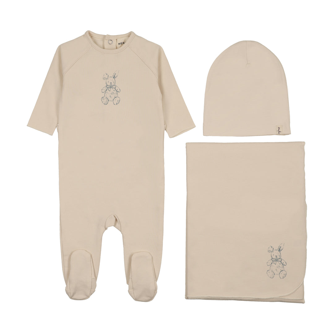 set footie vintage bunny with beanie and blanket - light beige/blue
