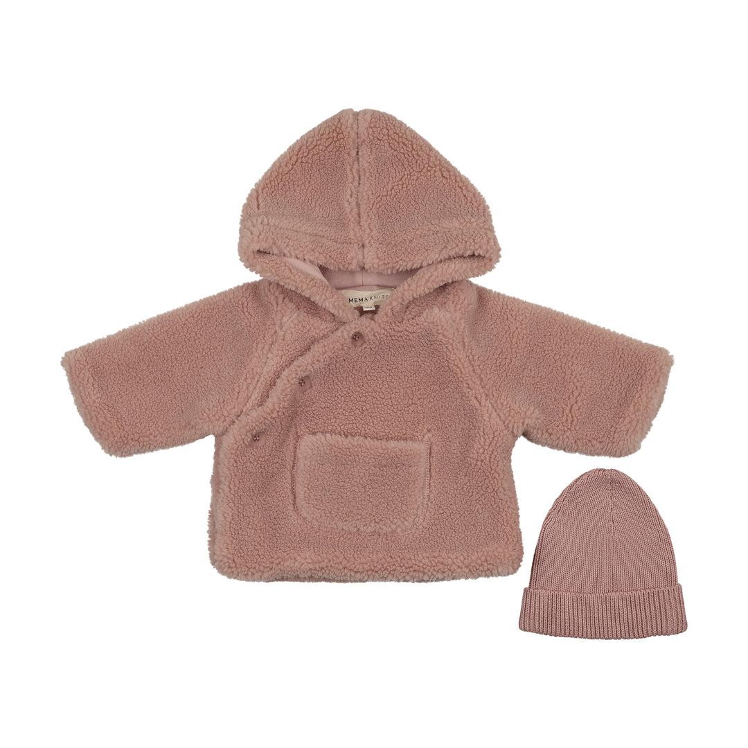 jacket sherpa button wrap with knit beanie - pale rose