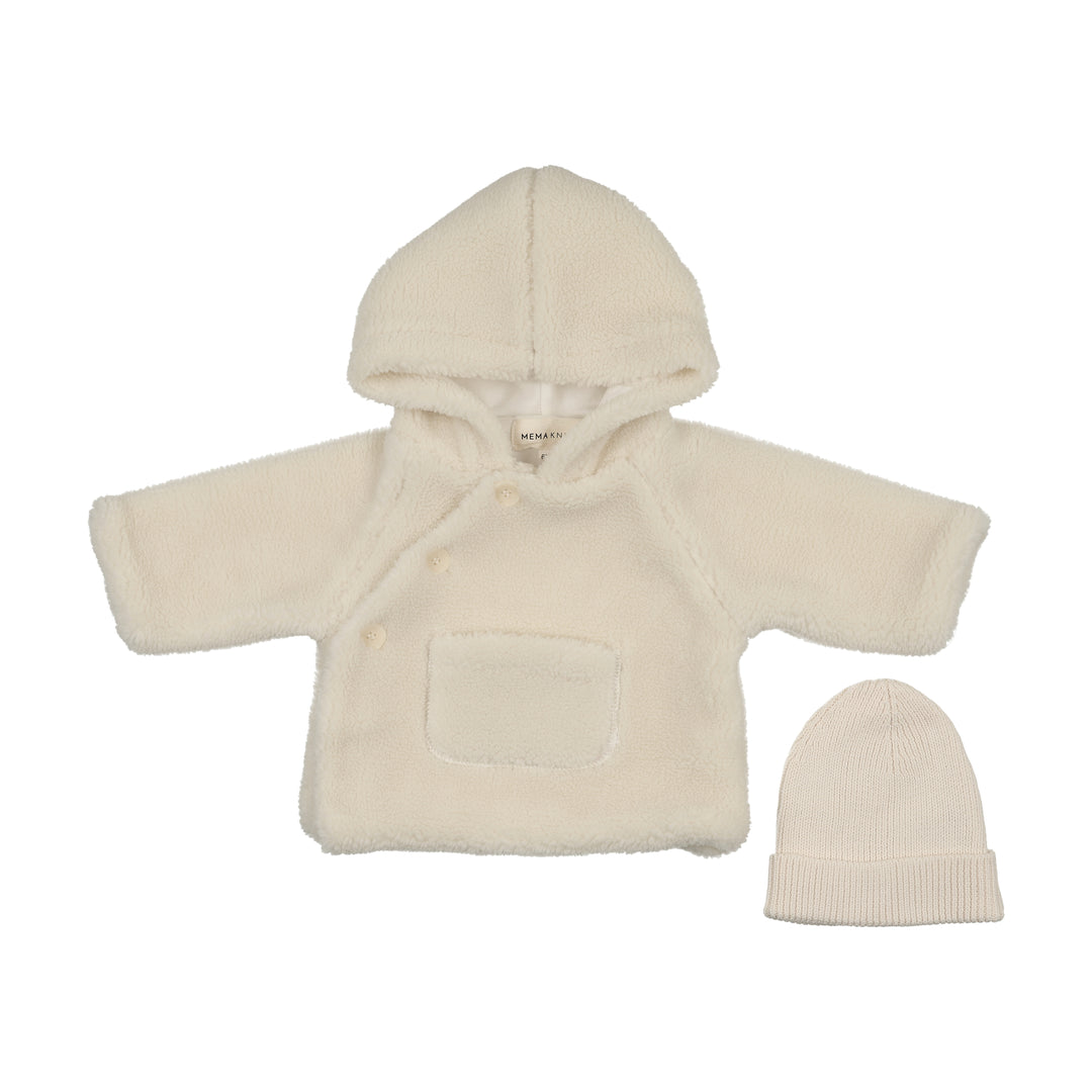 jacket sherpa button wrap with knit beanie - ivory