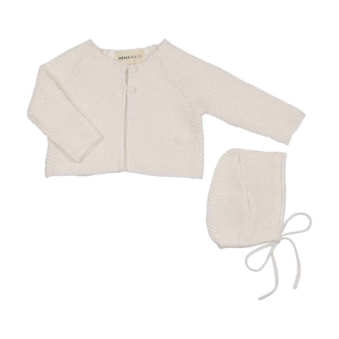 footie embroidered collar with cardigan and bonnet - winter white