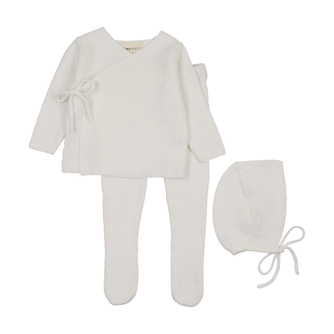 set knit bris wrap top and footie pants with bonnet - winter white