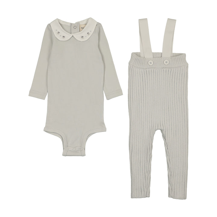 set outfit embroidered collar onesie and knit overalls - grey dawn