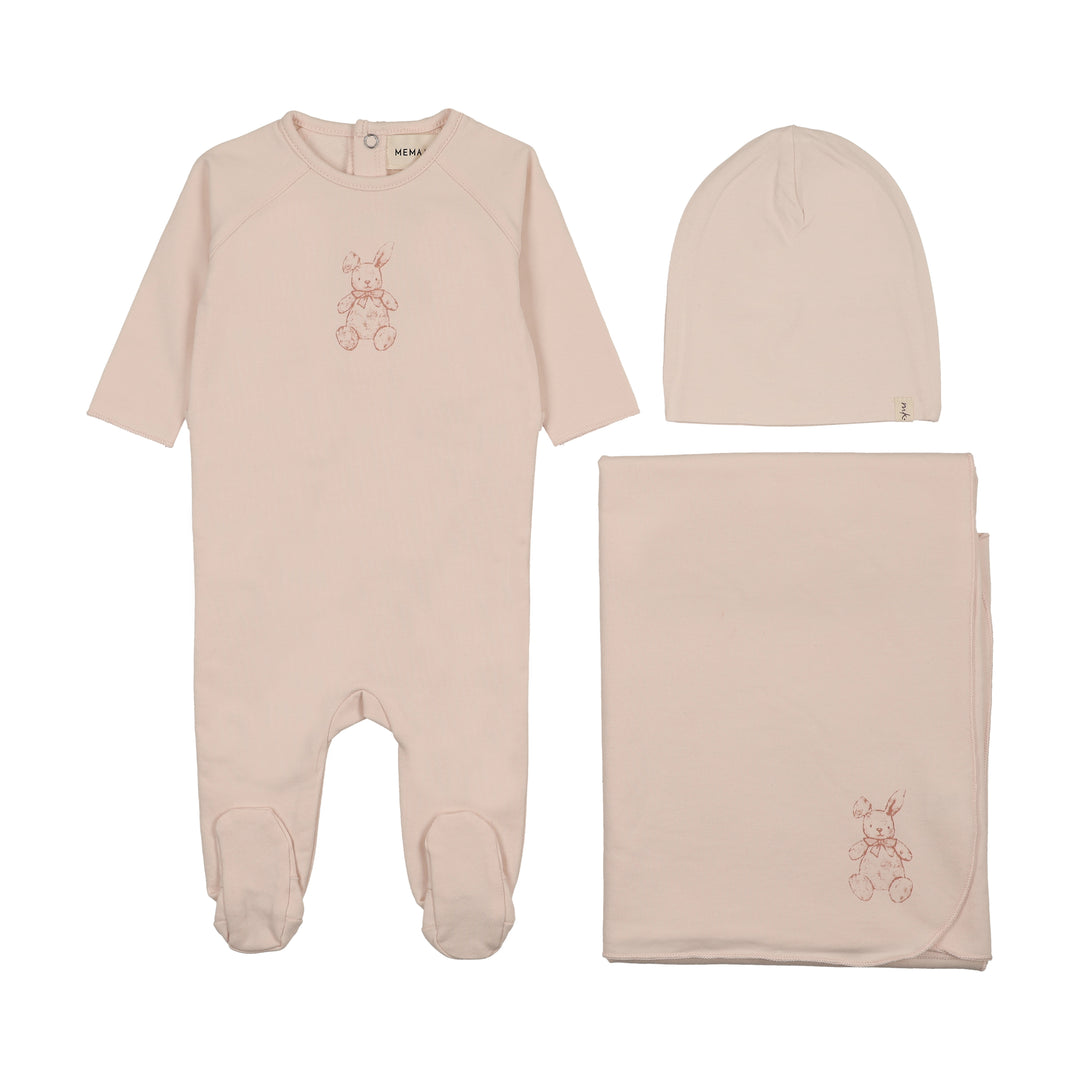 set footie vintage bunny with beanie and blanket - baby blush/pale rose