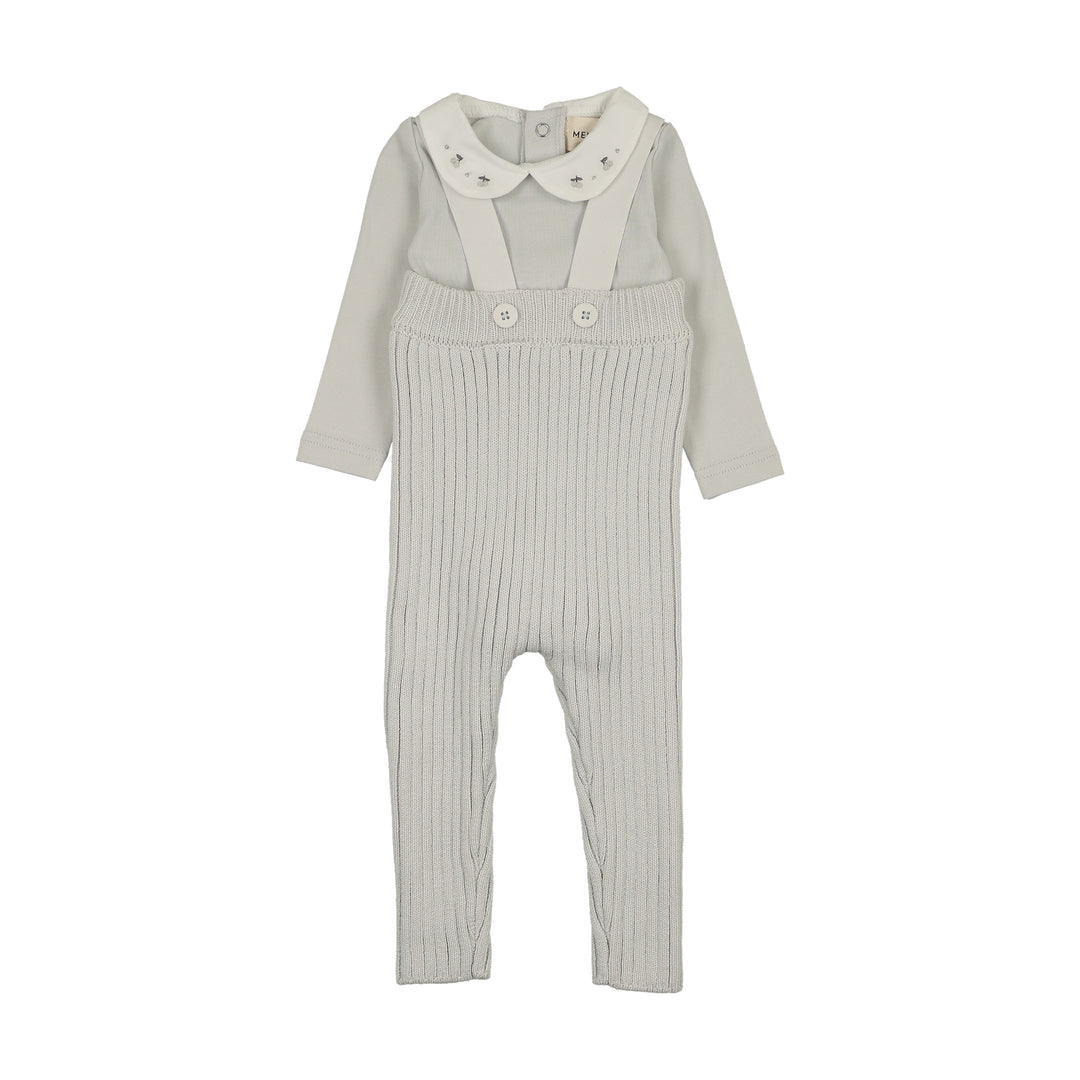 set outfit embroidered collar onesie and knit overalls - grey dawn