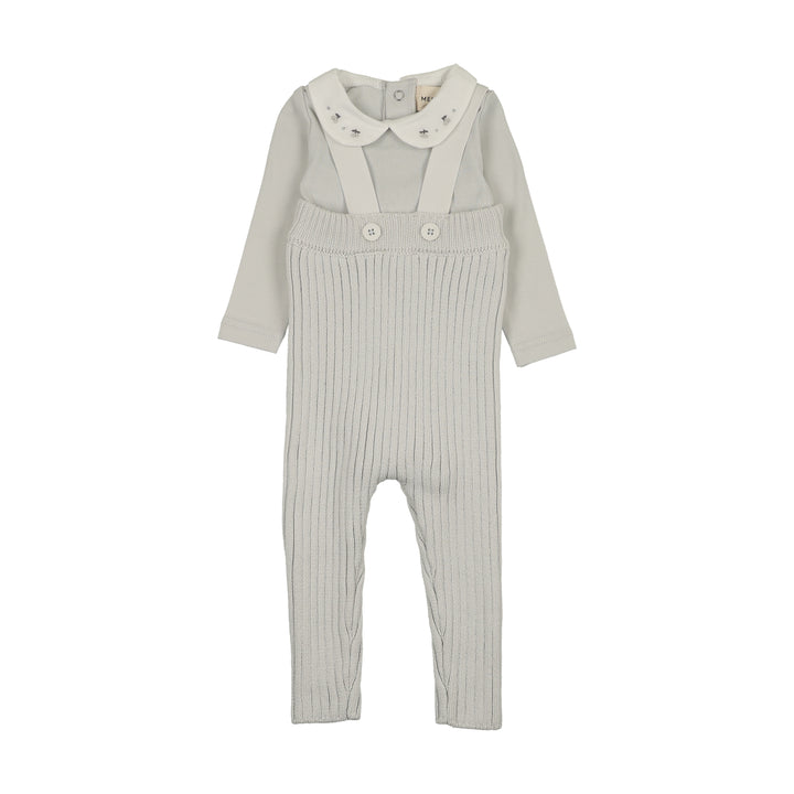 set outfit embroidered collar onesie and knit overalls - grey dawn