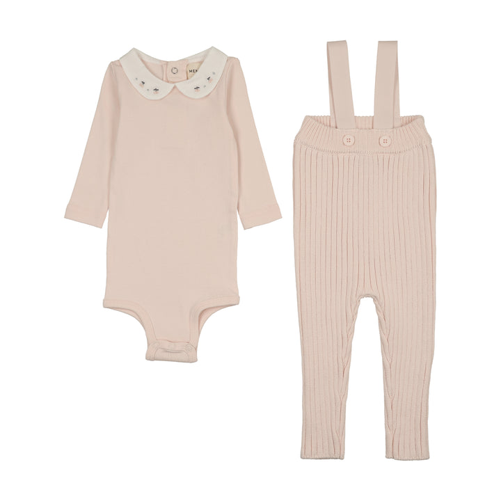 set outfit embroidered collar onesie and knit overalls - baby blush