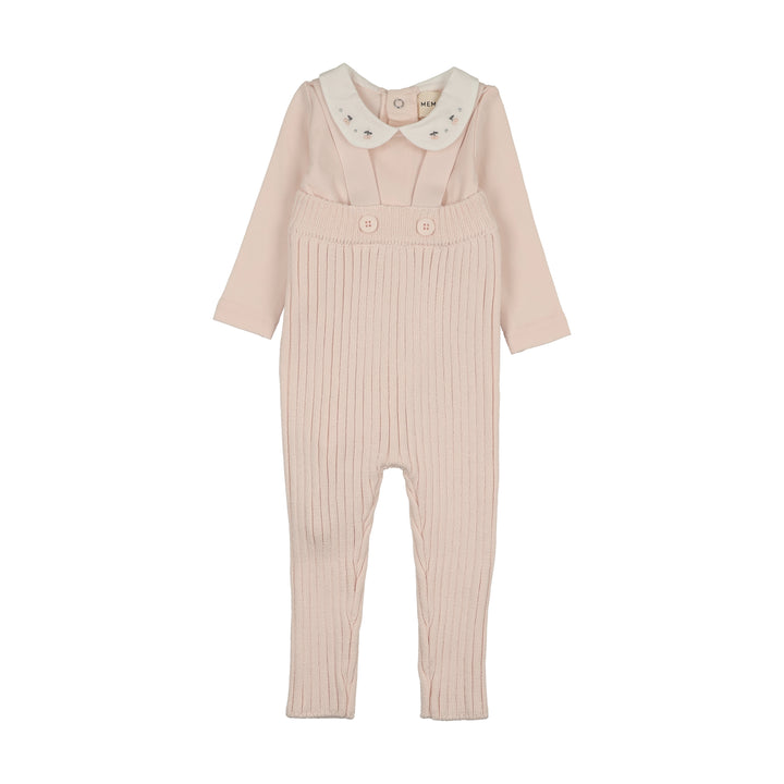 set outfit embroidered collar onesie and knit overalls - baby blush