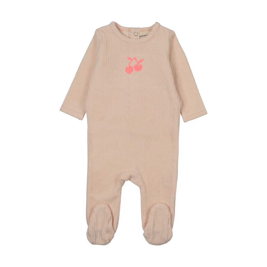 footie velour rib cherry - baby blush/neon pink