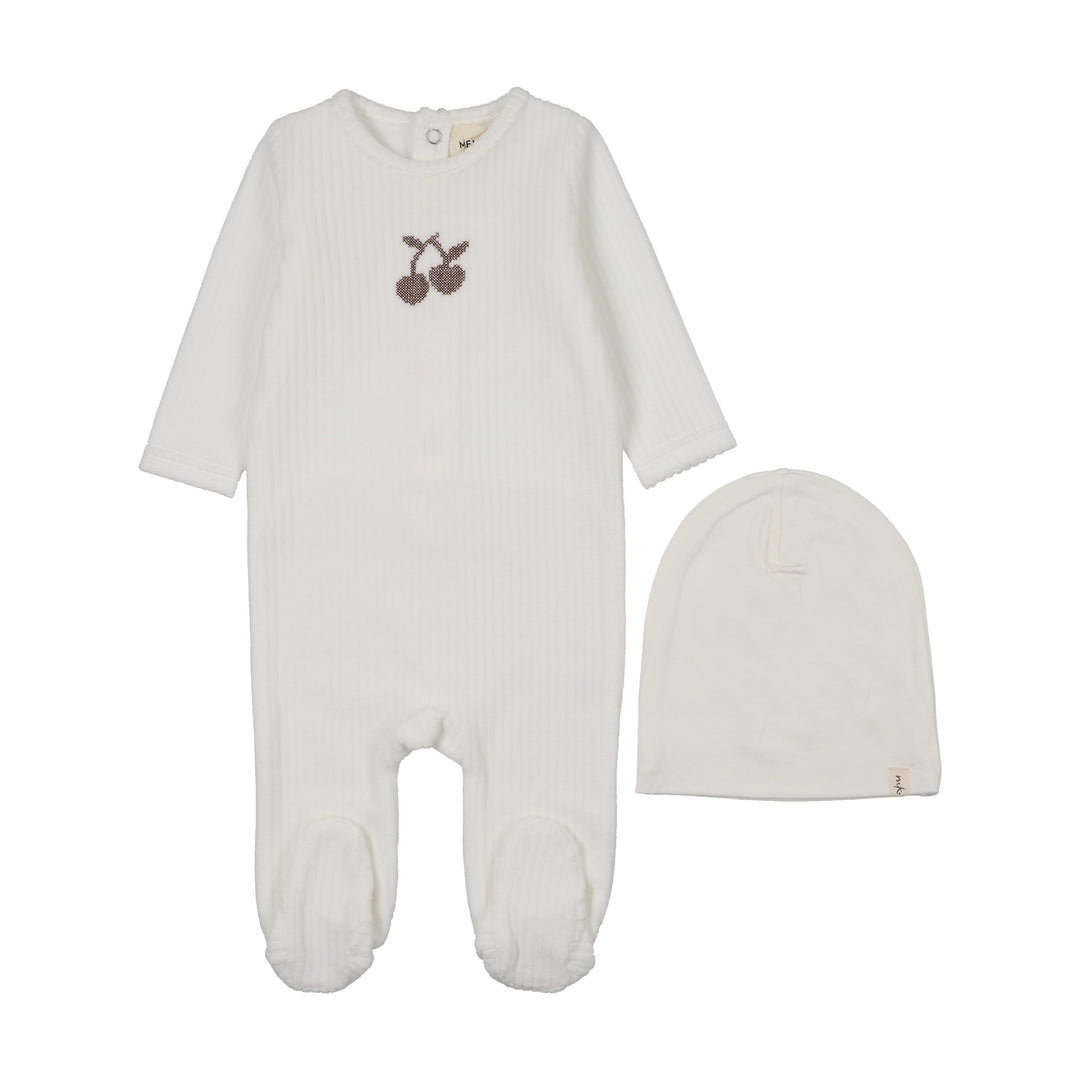 footie velour rib cherry with beanie - winter white/otter
