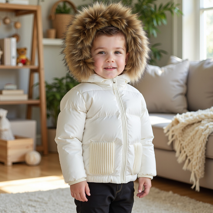 coat knit pockets with fur hood - ivory