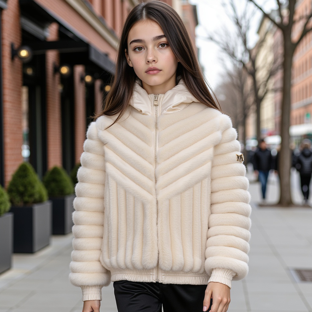 coat diagnal fur with hood - ivory