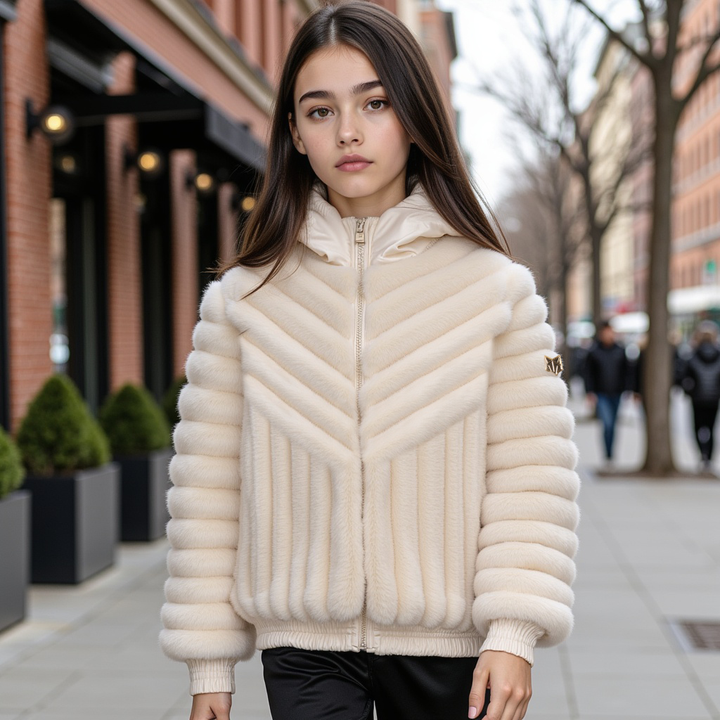 coat diagnal fur with hood - ivory