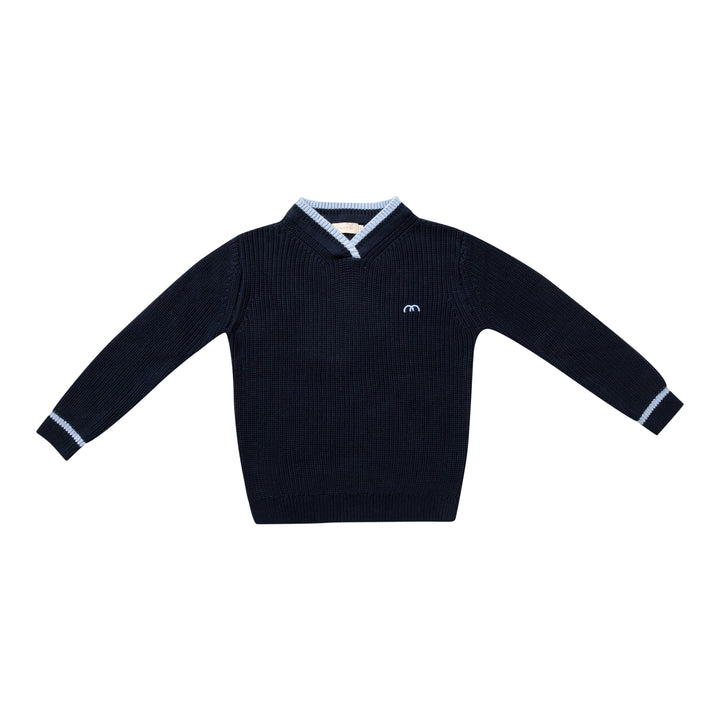 top l/s chunky knit stripe v neck sweater - navy-8