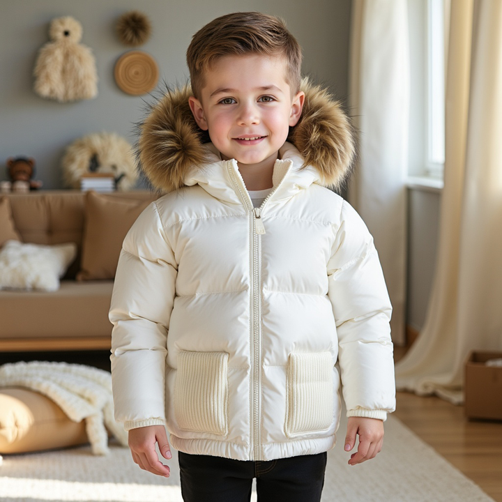 coat knit pockets with fur hood - ivory