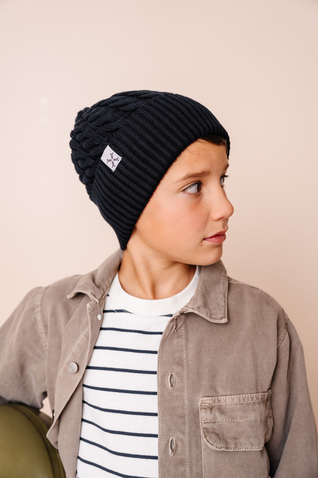 beanie cable knit cuffed  - black