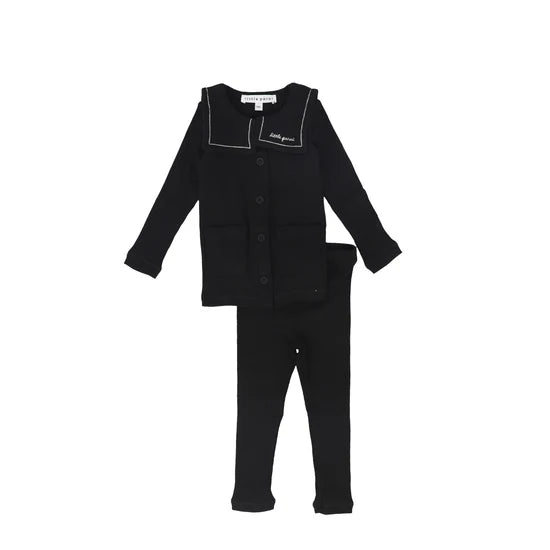set outfit embroidered bib cardigan and overalls - black
