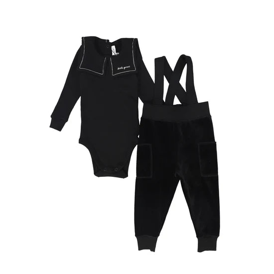 set outfit velour sailor collar onesie and overalls - black