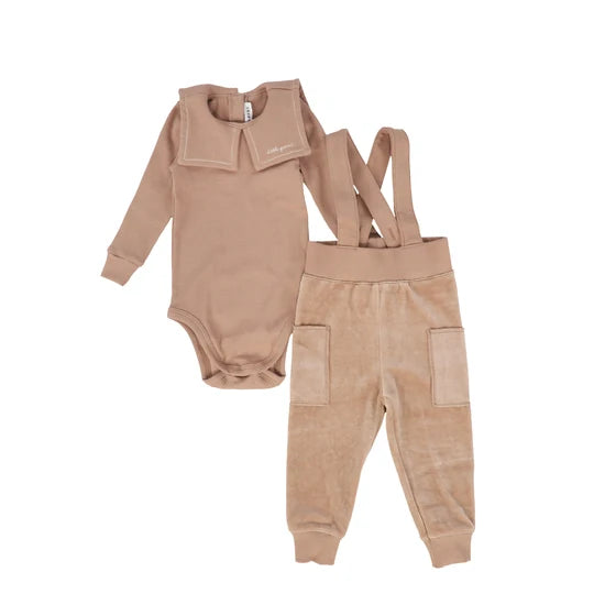 set outfit velour sailor collar onesie and overalls - pink