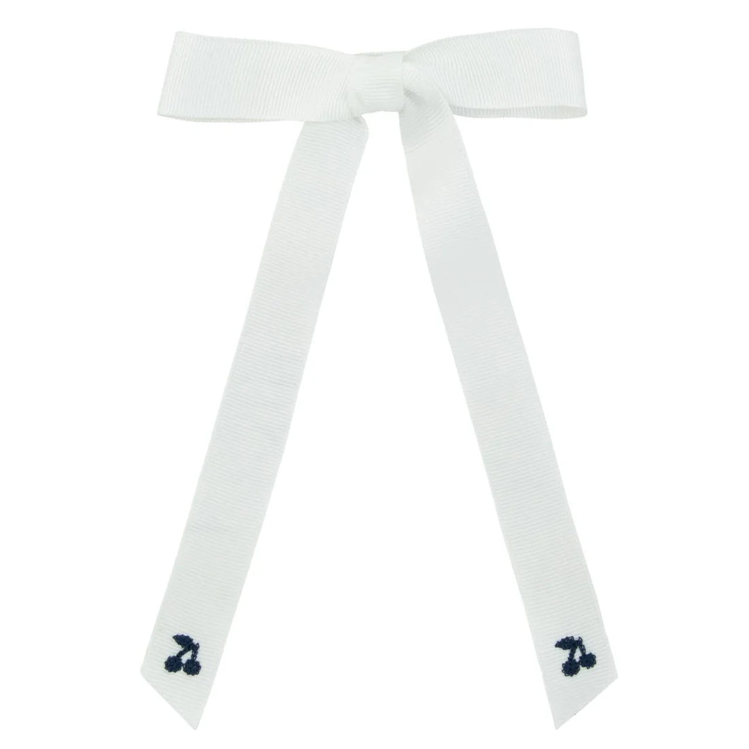 clip navy thread cherry embroidered bow  - white