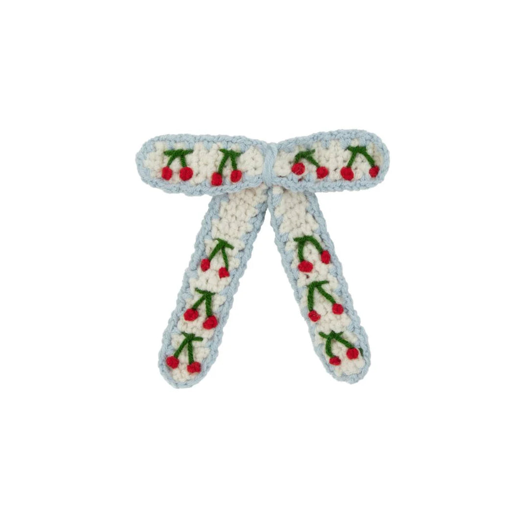 clip crochet cherry bow - light blue