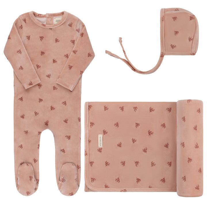 set footie velour leaf print with beanie and blanket - pink