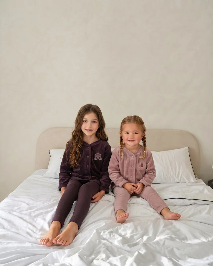 pajamas velour crest button top and pants - eggplant