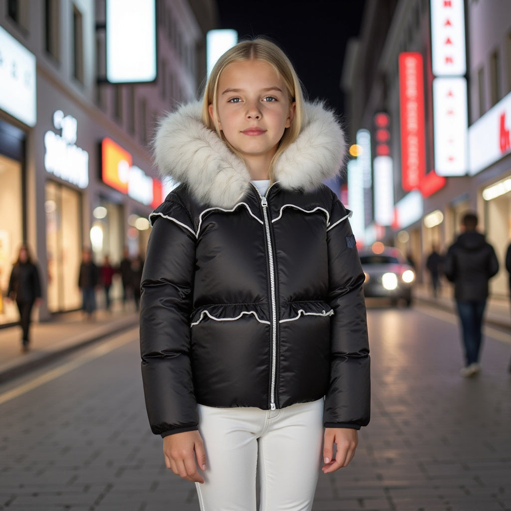 coat ruffled with white fur hood - black