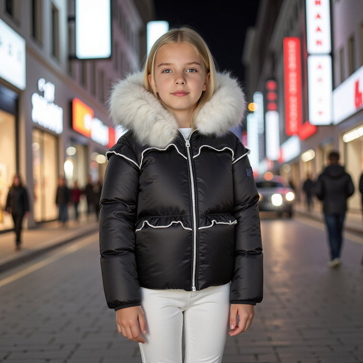 coat ruffled with white fur hood - black