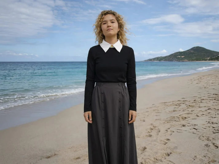 top l/s collared knit sweater - black/ivory-110