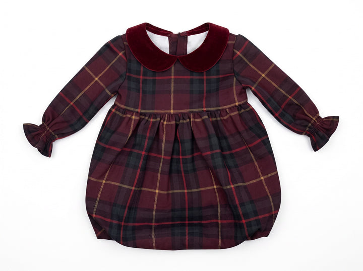 one piece plaid high waisted romper with velour collar - burgundy