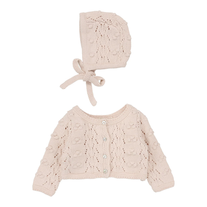 top l/s popcorn weave cardigan with bonnet - petal