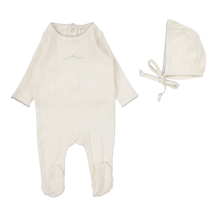 footie pointelle graphic with bonnet - cream/blue crown