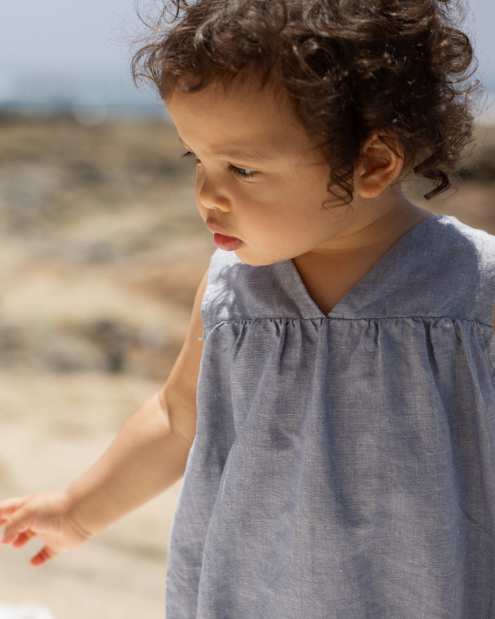 one piece high waisted woven bubble romper - chambray