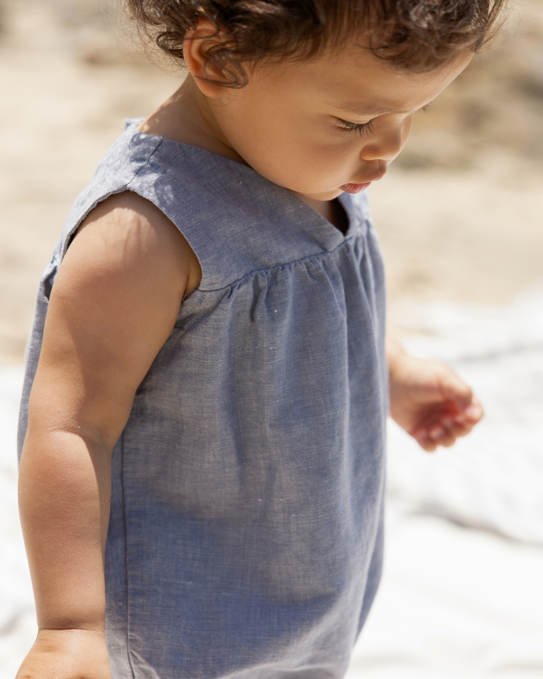 one piece high waisted woven bubble romper - chambray