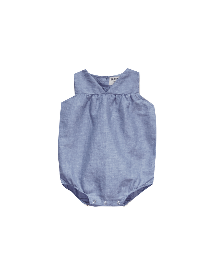 one piece high waisted woven bubble romper - chambray