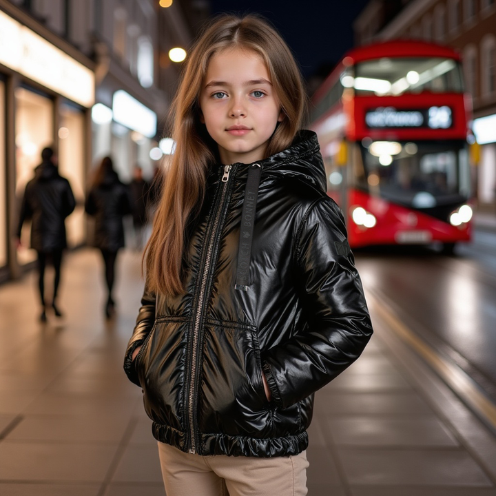 coat glossy logo ribbon zip up with hood - black