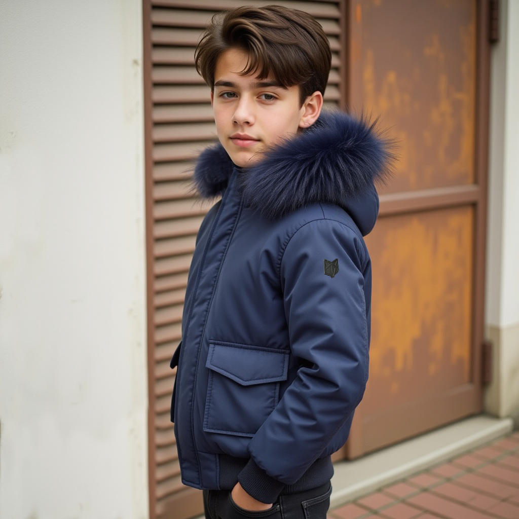 coat canvas bomber style with fur hood - navy