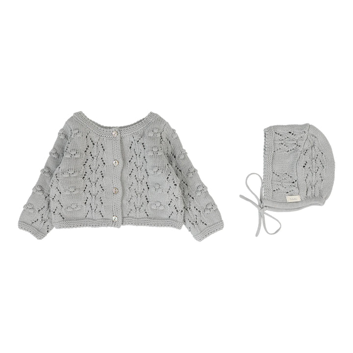 top l/s popcorn weave cardigan with bonnet - light blue