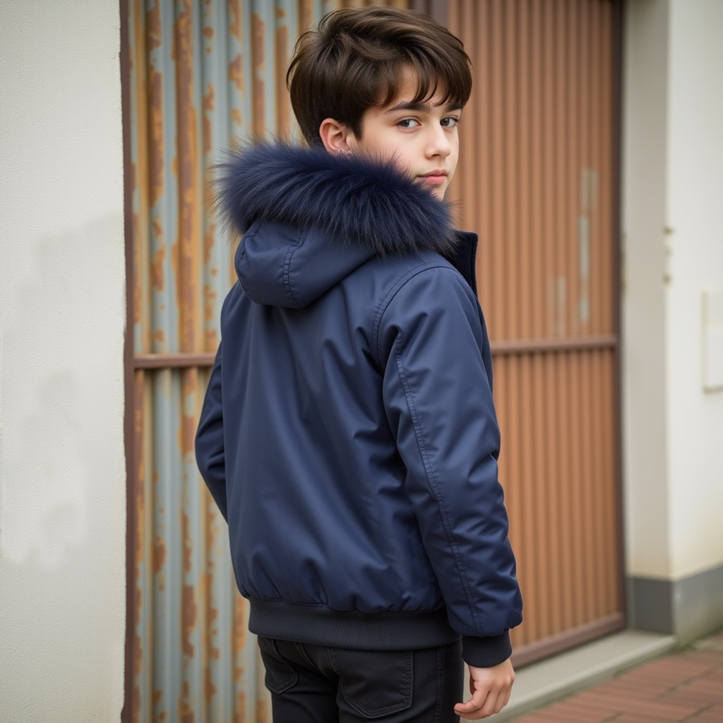 coat canvas bomber style with fur hood - navy