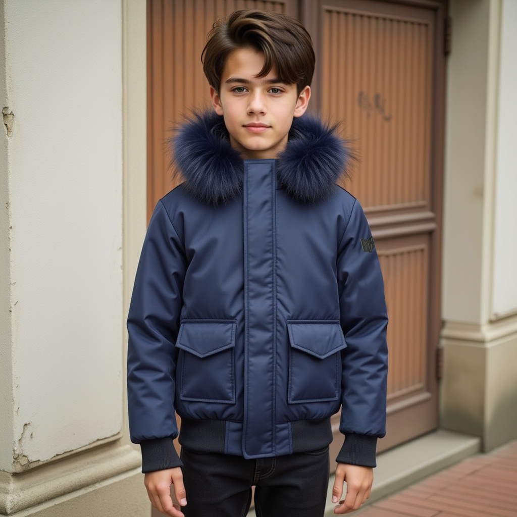 coat canvas bomber style with fur hood - navy