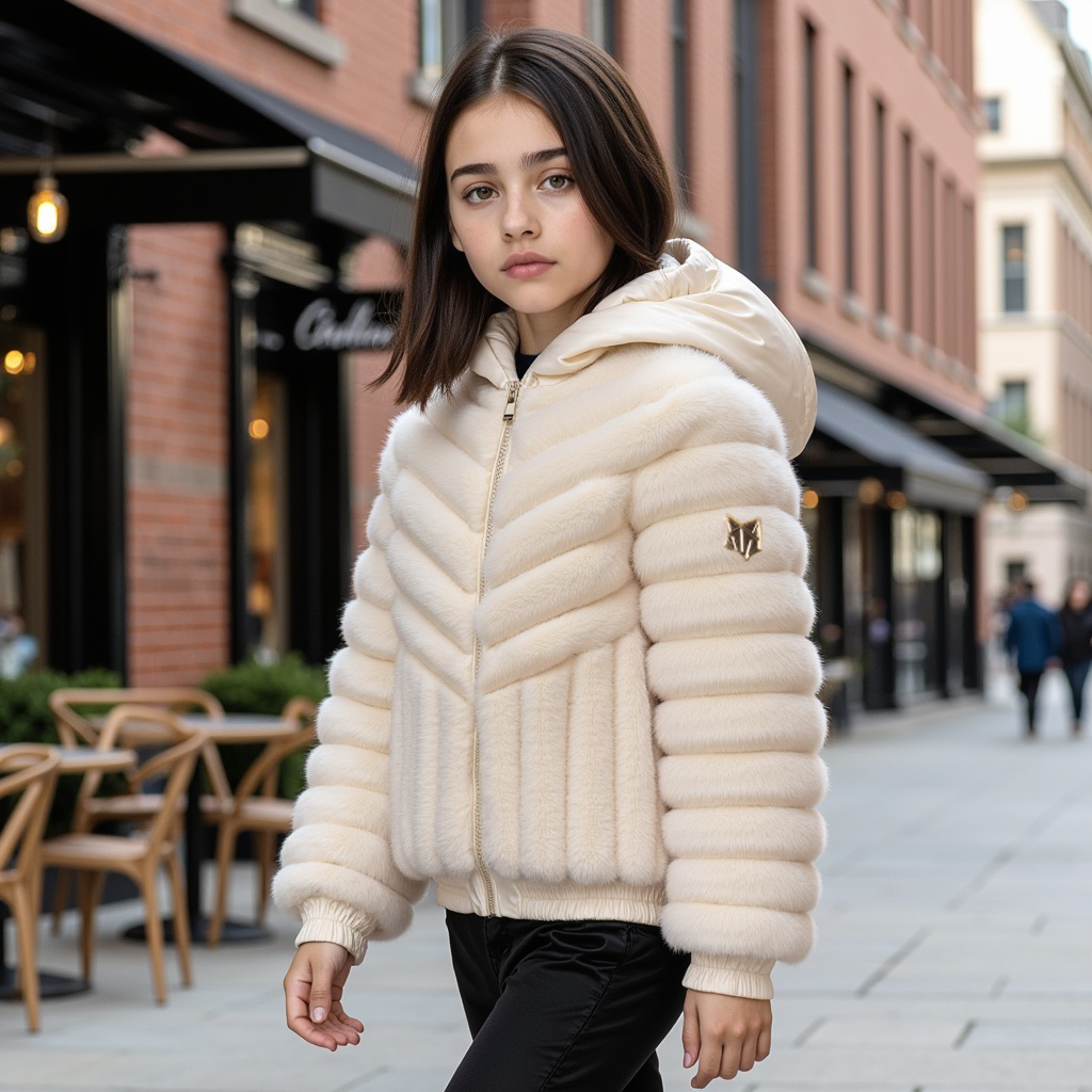 coat diagnal fur with hood - ivory