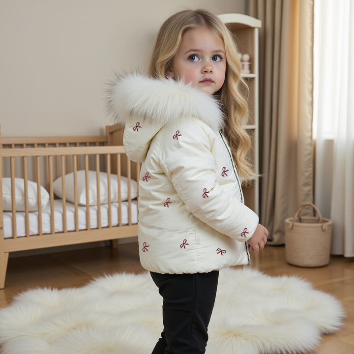 coat bow print with fur hood and mittens - ivory