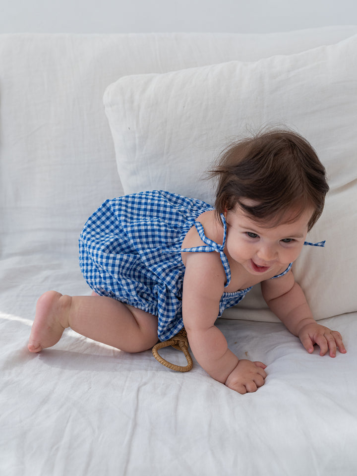 one piece gingham tie strap romper - blue