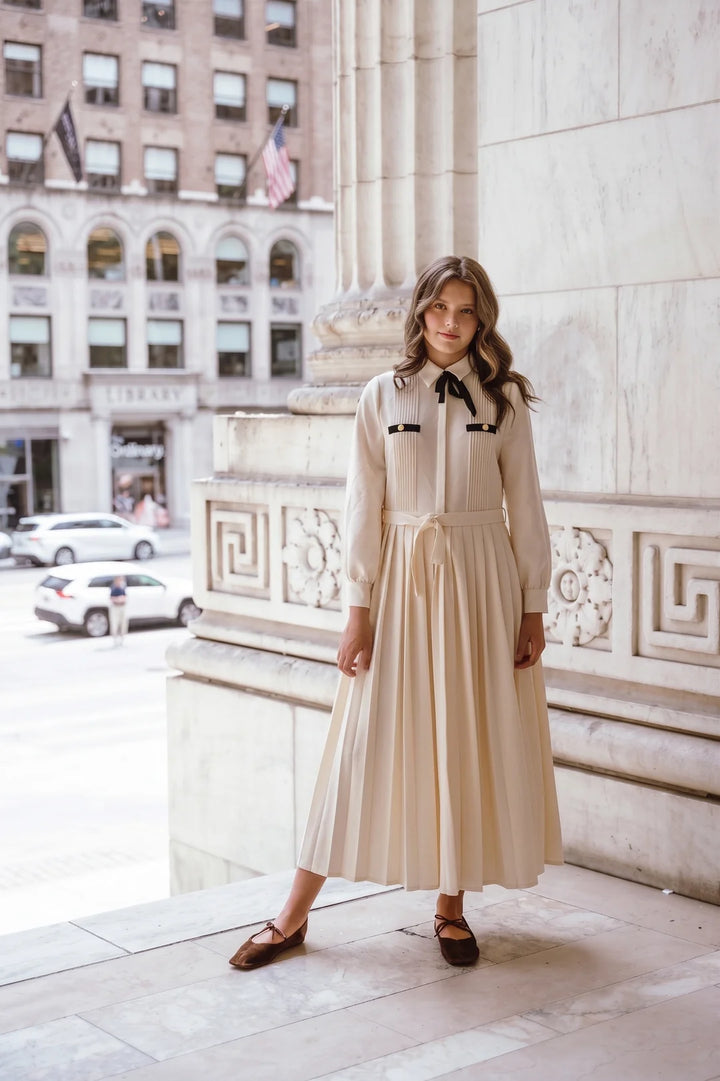 dress pleated bow detail shirt style - cream