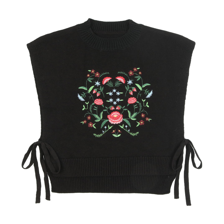 vest embroidered knit with side ties - black