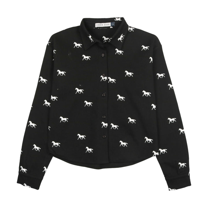 shirt l/s denim horse print - black