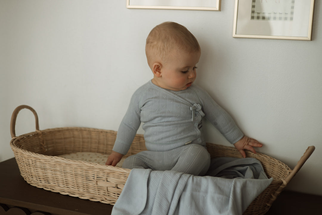 set footie pointelle wrap footie with bonnet and blanket - dusty blue