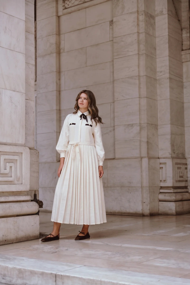 dress pleated bow detail shirt style - cream