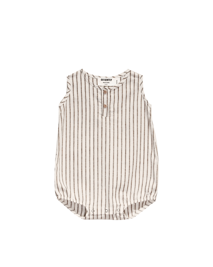 one piece woven placket bubble romper - fennel stripe